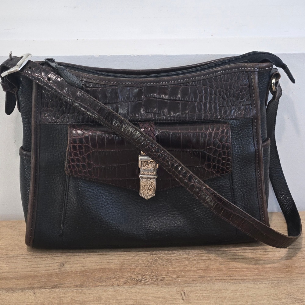 Brighton Croc Embossed Shoulder Bag Black Brown Leather flap pocket 349379 purse